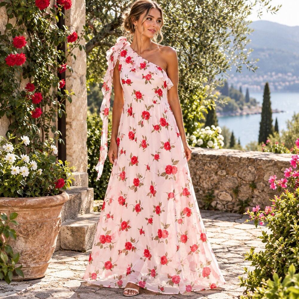 NWT Wild Fable Sz M Pink Red Rose Maxi Dress One Shoulder Ruffle Coquette Scarf